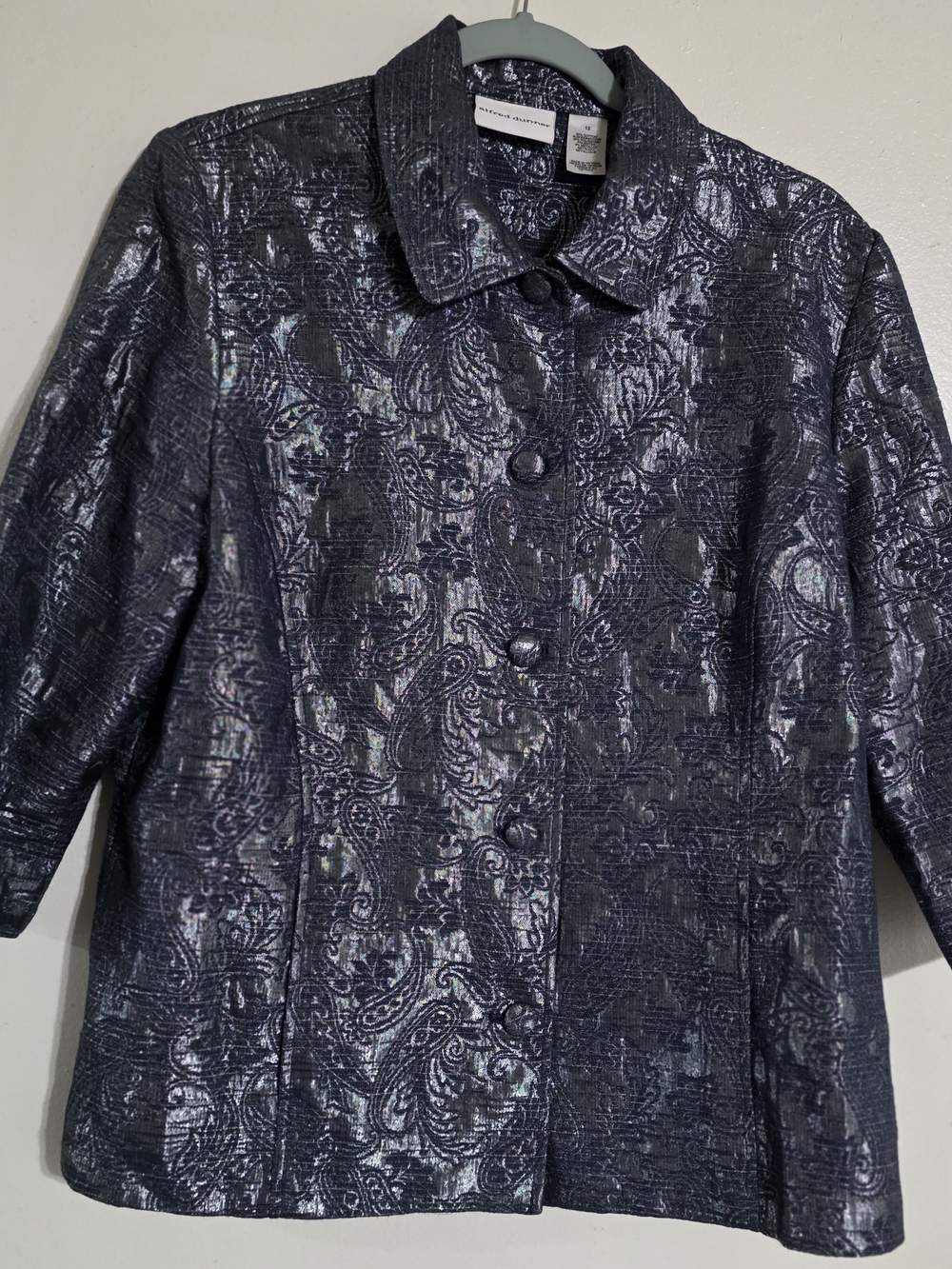 Alfred Dunner Metallic Paisley Jacket Blazer Size 12 Navy Blue 3/4 Sleeve Button